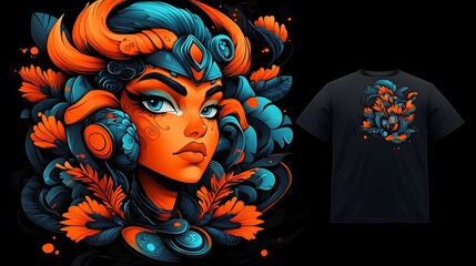 Naklejka premium Vibrant and Artistic T-shirt Design Featuring a Bold Female Character Surrounded by Nature Elements