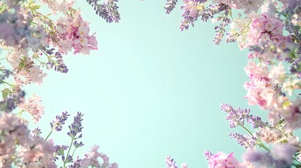 Obraz premium Soft Floral Frame with Pink and Purple Flowers on Light Blue Background