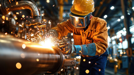 Welding worker in heavy industry sparks flying from metal pipe