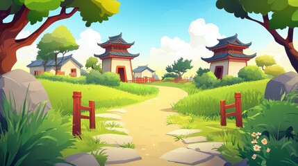 Obraz premium Serene Asian Village Path Winding Through Lush Greenery