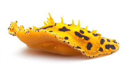 Vibrant Yellow Sea Slug Nudibranch with Black Spots against a Clean White Background for Marine Life Stock Photography