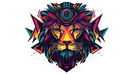 Fototapeta premium Vibrant and Colorful Lion Illustration with Geometric Shapes and Abstract Background Elements
