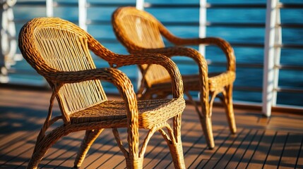 Braided wooden chairs elegantly placed on a luxury ship deck overlooking serene waters with ample empty space for text or branding.