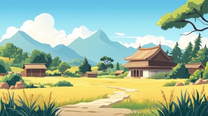Fototapeta premium Serene Asian Village Landscape With Mountain View