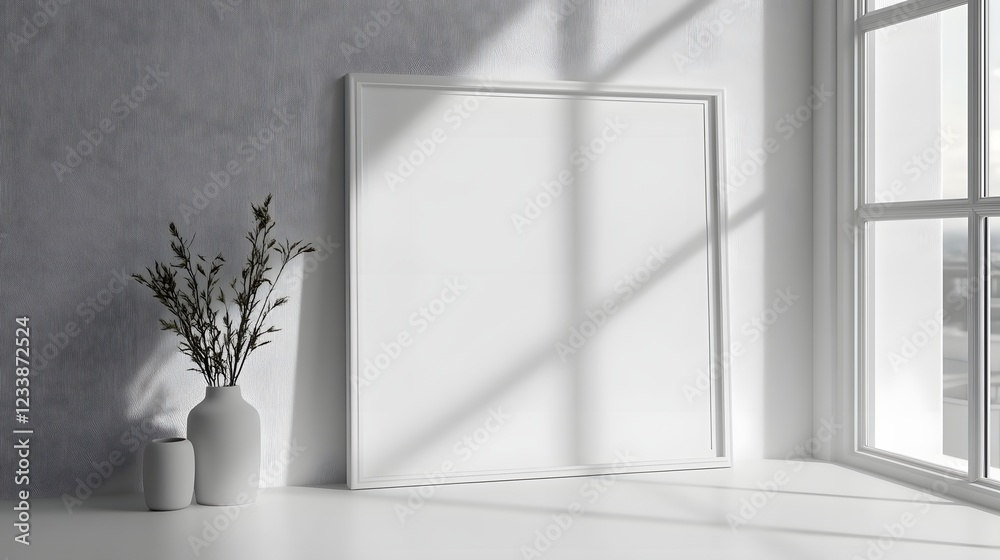 Poster Bright and airy minimal interior design with an empty frame placed by the window creating a serene and calming atmosphere  The clean