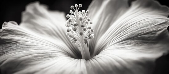 Black and white close-up of a hibiscus flower showcasing intricate petals and stamen details with smooth textures and soft lighting