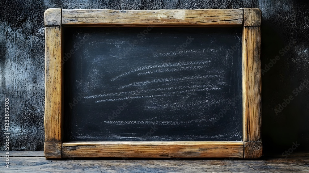 Leinwandbilder Blank chalkboard or blackboard in a rustic wooden frame against a dark moody background  Empty simple surface with copy space for text lessons or presentations