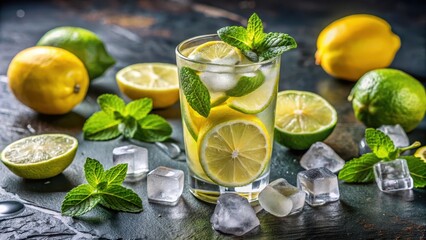 Fototapeta premium Freshly squeezed lime and lemon juice poured into a glass surrounded by ice cubes with peppermint leaves, drink, lemon, drink, lemon