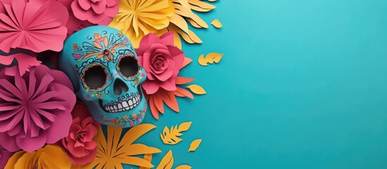 Obraz premium Vibrant papel picado and colorful skull celebrate Day of the Dead with empty space for text on a bright turquoise background