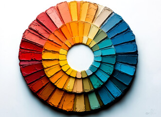 Fototapeta premium Round color pallet on white background. Circle of color samples represents spectrum unity. Colorful wheel. vibrant color palette showcasing an array of color samples arranged in a circular spectrum
