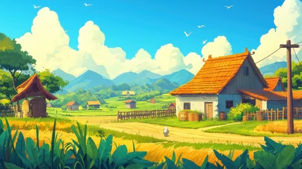Fototapeten Serene Rural Village Scene with Sunny Sky and Bird © chesleatsz