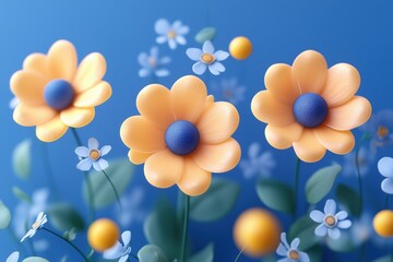 A vibrant arrangement of stylized flowers featuring large orange blooms with blue centers, surrounded by smaller white daisies and yellow spheres, set against a blue background. 
