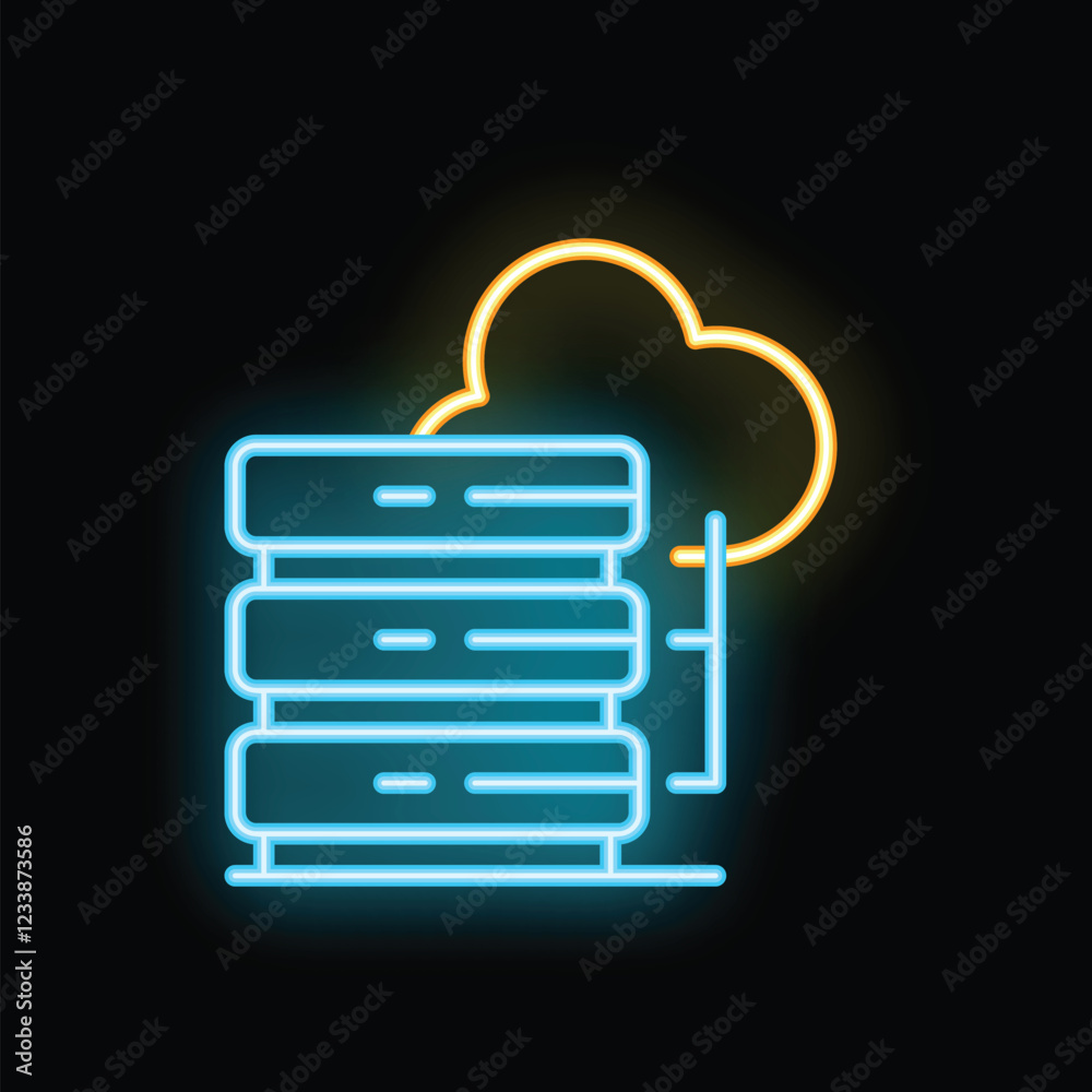 Poster neon icon of a server stack connecting and transferring data to a cloud database