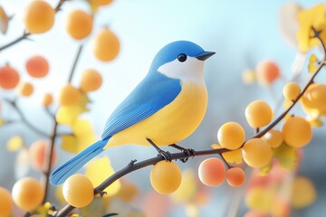 Fototapeta premium A colorful bird with blue and yellow plumage perched on a branch adorned with bright yellow fruits. The background is softly blurred, enhancing the vibrant colors of the bird and fruits. 