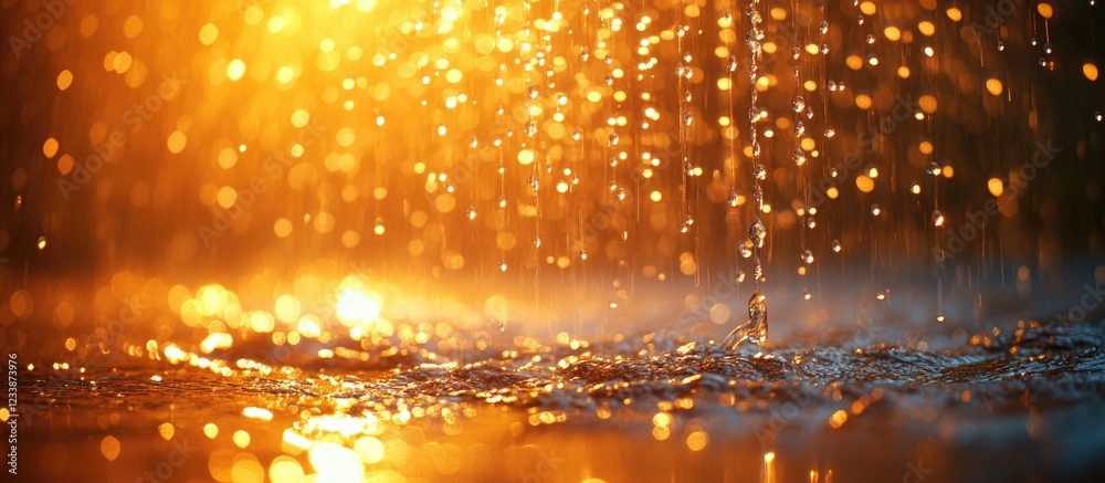 Aufkleber close-up of water droplets falling on surface creating splash with golden bokeh lights in background