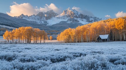 Obraz premium Sunrise illuminating aspen trees and a cabin in a snowy landscape with the san juan mountains in the background