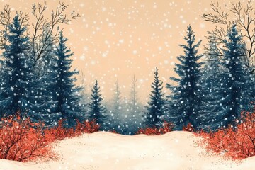 A serene winter landscape with snow, evergreen trees, and red foliage.