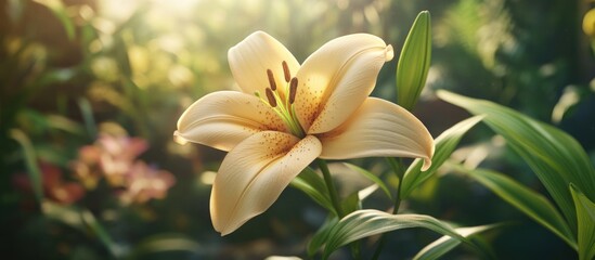 Obraz premium Lily flower in a lush garden with soft sunlight illuminating petals and greenery surrounding, Copy Space