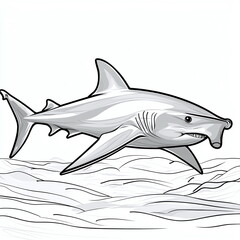 Fototapeta premium Swimming shark in ocean waves, illustrating a detailed marine creature with a streamlined body and dorsal fin, surrounded by water currents and ripples, evoking ocean life.