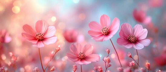 Pink flowers with soft bokeh background and delicate petals, suitable for nature themes and floral designs, Copy Space