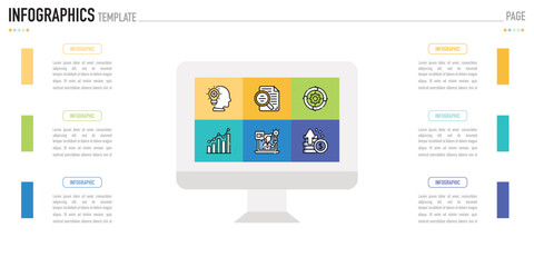 Rectangular infographic template or element with 6 step, process, option, colorful rectangle, icons, triangle, paper origami, button, tag, circle, circular, square bar for sale slide, internet planner