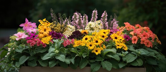 Colorful flower arrangement in a planter featuring various blooms including lilies, daisies, and snapdragons with greenery Copy Space
