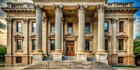 Obraz premium Historic stone column standing alone in front of a restored old justice courthouse building with ornate details and a faded grand entrance , historic landmark, ancient
