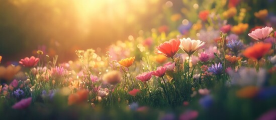 Vibrant wildflower field with various blooming flowers under soft sunlight with blurred background and potential copy space for text