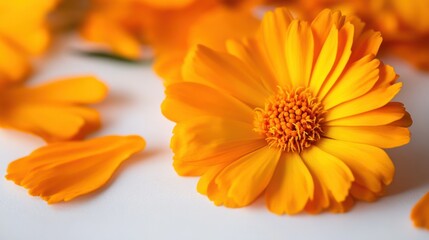 A freshly cut marigold with bright orange petals, softly resting on a white surface