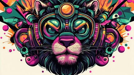 Vibrant and colorful lion illustration with headphones and abstract background elements