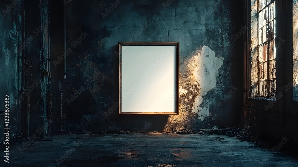 Poster Captivating image of an abandoned dilapidated industrial building with a broken window frame and a mystical glowing light shining through creating an eerie and atmospheric mood