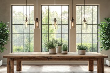 Modern dining room interior design with hanging glass lamps and potted plants