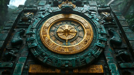 Ancient stone grandfather clock resembling Aztec architecture boasts intricate glyphs and a golden calendar face Stone serpents encircle it while a jade pendulum swings with mystical energy