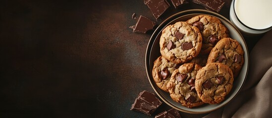 Delicious chocolate chip cookies with chocolate chunks in a bowl alongside a glass of milk on a dark textured background