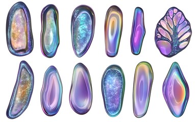 3d liquid shapes in different colors, isolated on white background, iridescent color, fluid and organic forms, dark purple, holographic, fluid form, hyper-realistic, 