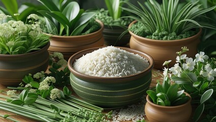Fresh White Rice in Green Bowl with Lush Greenery
