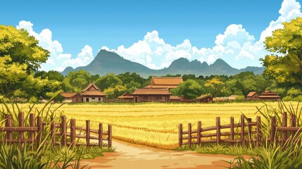 Naklejka premium Serene Asian Village Landscape With Golden Rice Fields