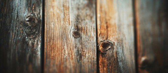 Obraz premium Close-up of weathered wooden planks with natural grain patterns and knots suitable for backgrounds or text overlays Copy Space