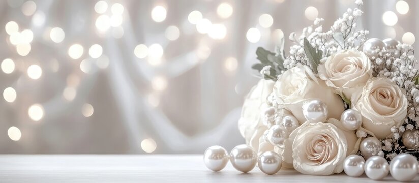 Celebrate Wedding Milestone with Elegant Silver and Pearl Theme Floral Arrangement and Bokeh Background Perfect for Invitations