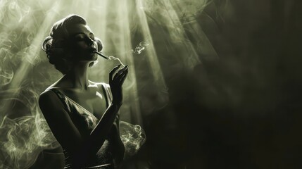 Fototapeta premium A retro-inspired image of a woman in a glamorous gown holding a cigarette, with vintage noir lighting