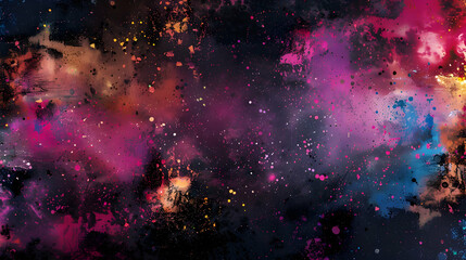 A vibrant abstract space-themed image with swirling colors and star-like specks.