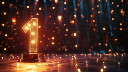 Glittering number one trophy surrounded by festive lights on reflective surface with bokeh background Copy Space