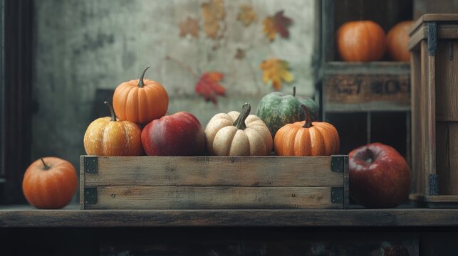 Colorful pumpkins and apples in a wooden crate on a rustic background with autumn leaves and seasonal decorations Copy Space