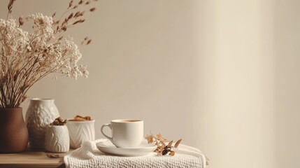 Fototapeta premium Cozy autumn brunch setup featuring coffee, seasonal decor, and dried flowers ideal for fall-themed content or advertising.