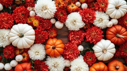 Fototapeta premium Colorful arrangement of pumpkins and flowers on wooden background featuring red and white blooms with copy space