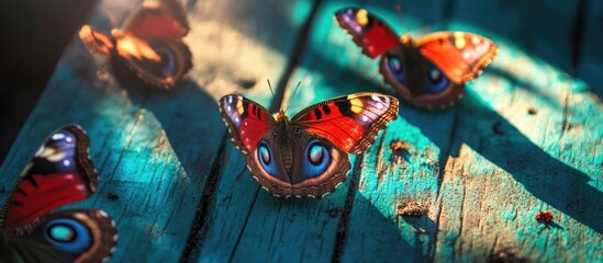 Fototapeta premium Colorful peacock butterflies resting on rustic wooden surface in sunlight