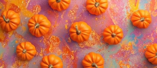 Mini pumpkins on colorful abstract background with textured paint splatters