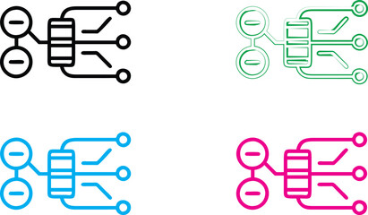 Simple cartoon bus icons, minimalist line drawings, vibrant neon colors, front view buses, playful transportation symbols, geometric vehicle shapes, outlined vehicle designs, colorful public transit l