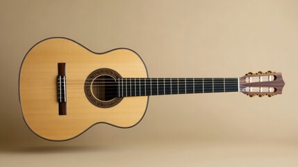 Obraz premium Acoustic guitar with natural wooden textures, plain tan background 