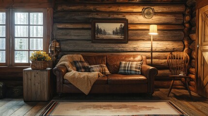 Cozy rustic log cabin interior featuring vintage wartime decor and nostalgic furnishings in a warm inviting atmosphere